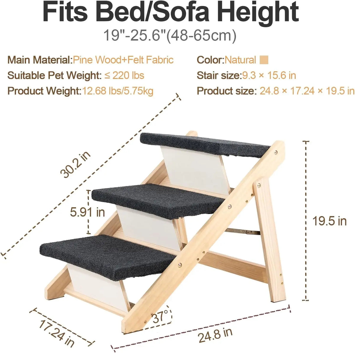 Durable Wood Pet Stairs And Ramp For Senior Pets 2in1 Foldable Grip