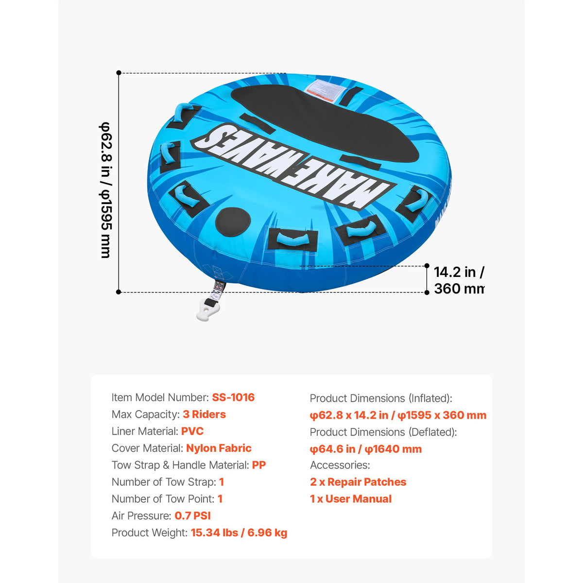 SucceBuy 2 3 Rider Inflatable Towable Boat Tube Padded Handles