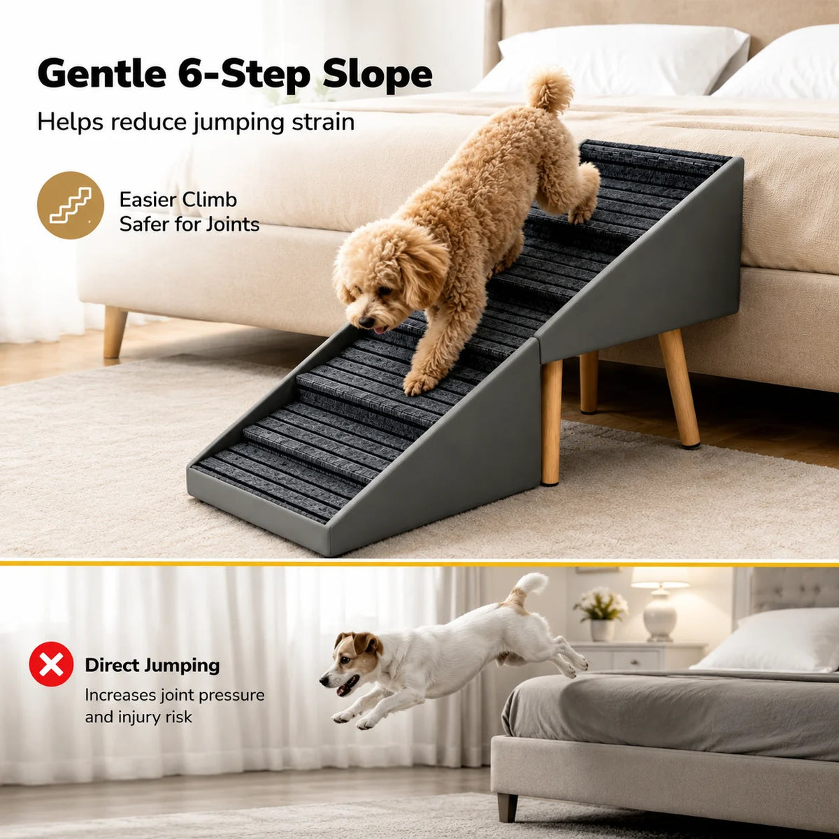 6 Step Wooden Dog Stairs Non Slip Pet Ramp For Safe Bed Access