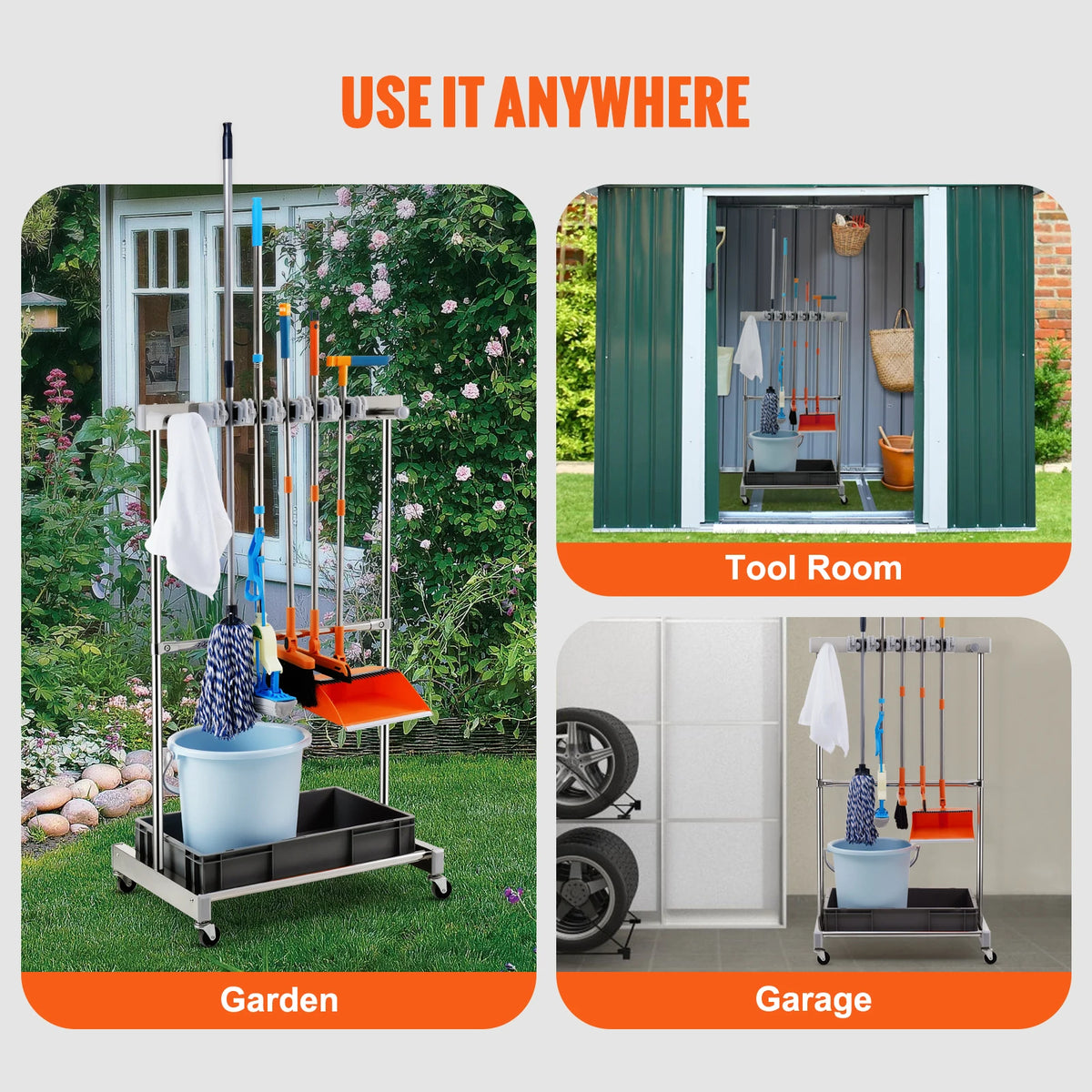 SucceBuy Heavy Duty Garden Tool Organizer With Wheels Garage Rack