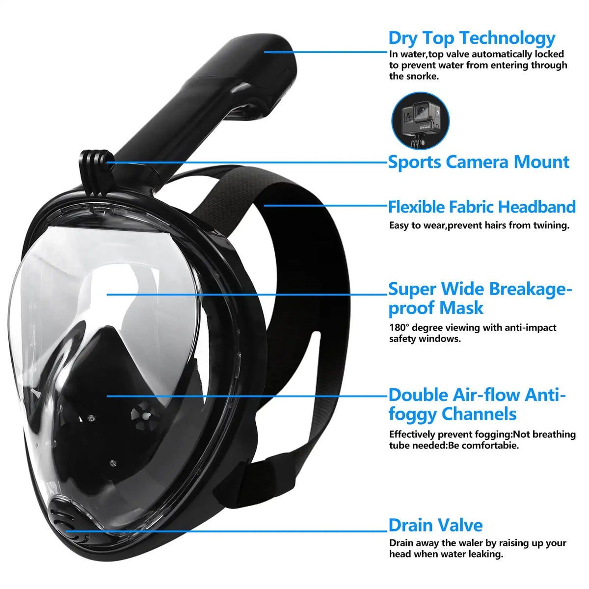 Full Face Snorkel Mask With Camera Mount Anti Fog