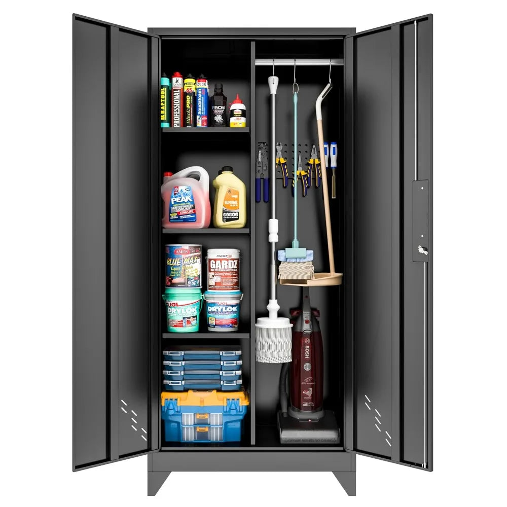 Lockable Metal Garage Storage Cabinet With Pegboard Organizer