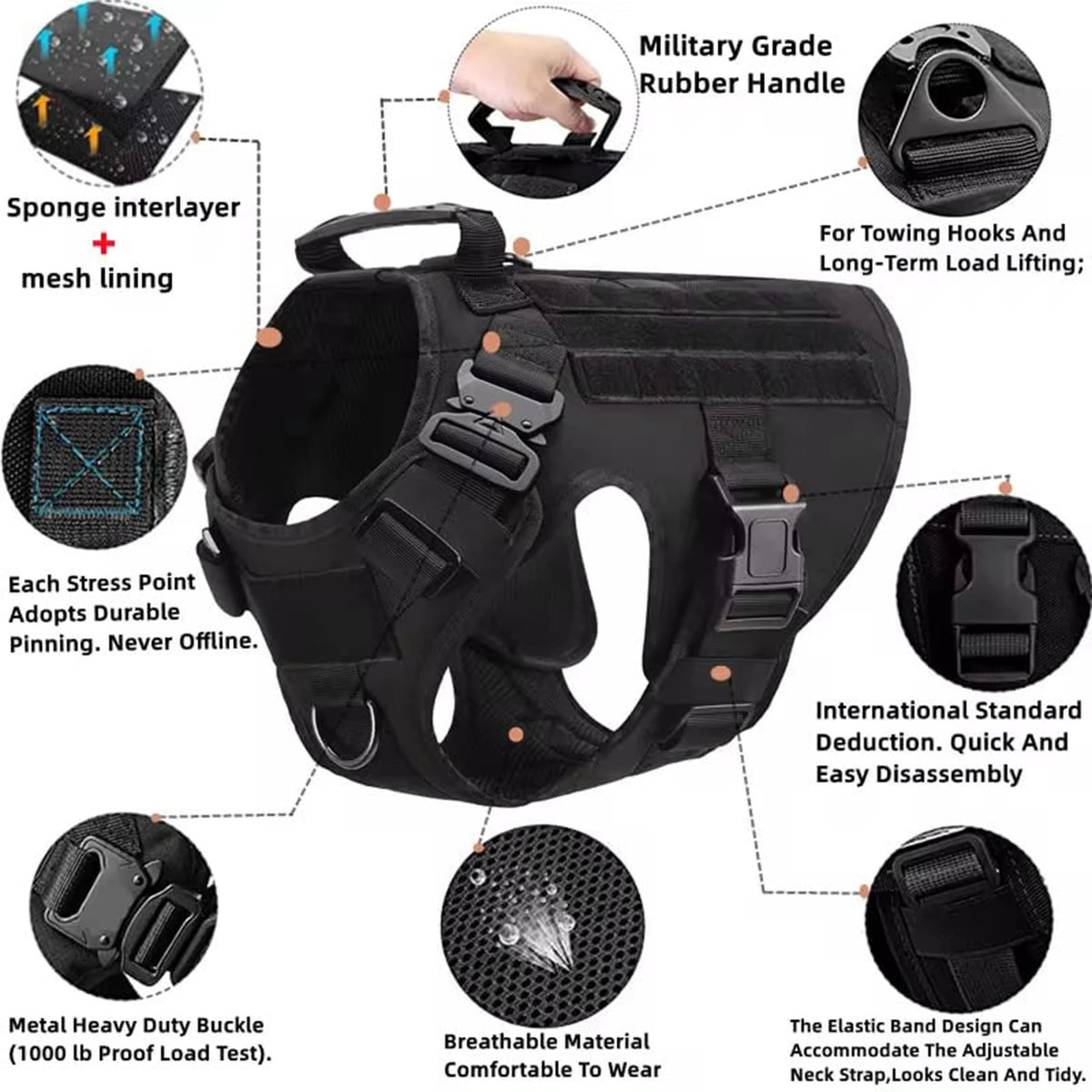 Tactical Dog Harness With Molle Pouches And Padded Nylon Vest