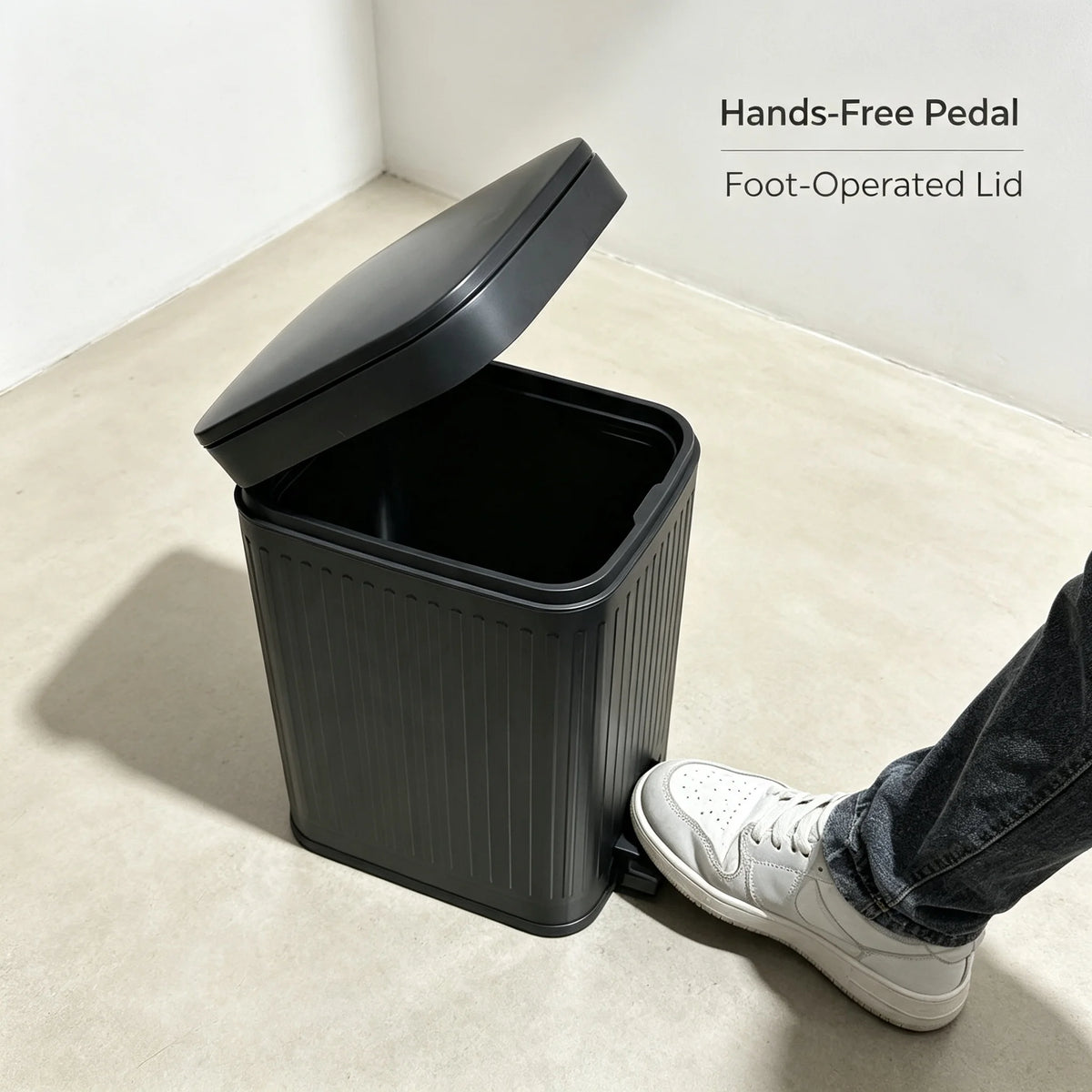 Compact Ribbed Foot Trash Can With Hands Free Lid For Homes