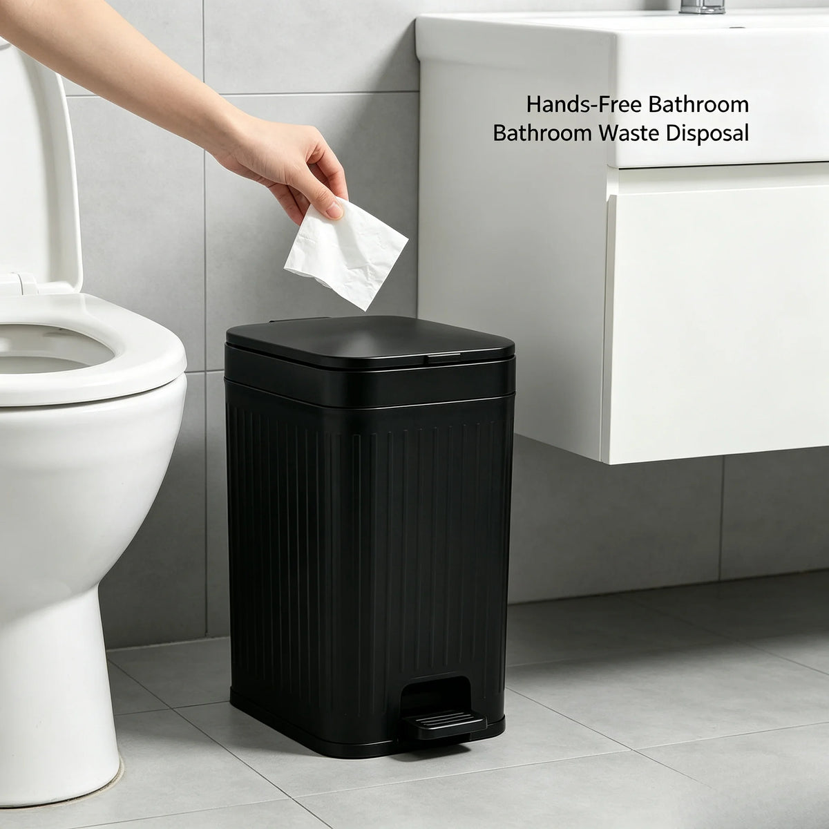 Compact Ribbed Foot Trash Can With Hands Free Lid For Homes