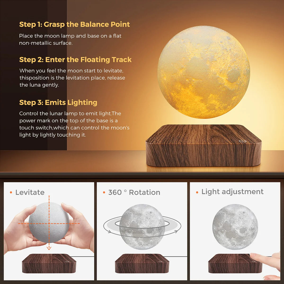 Mexllex Magnetic Floating Moon Lamp Wooden Base Led Night Light