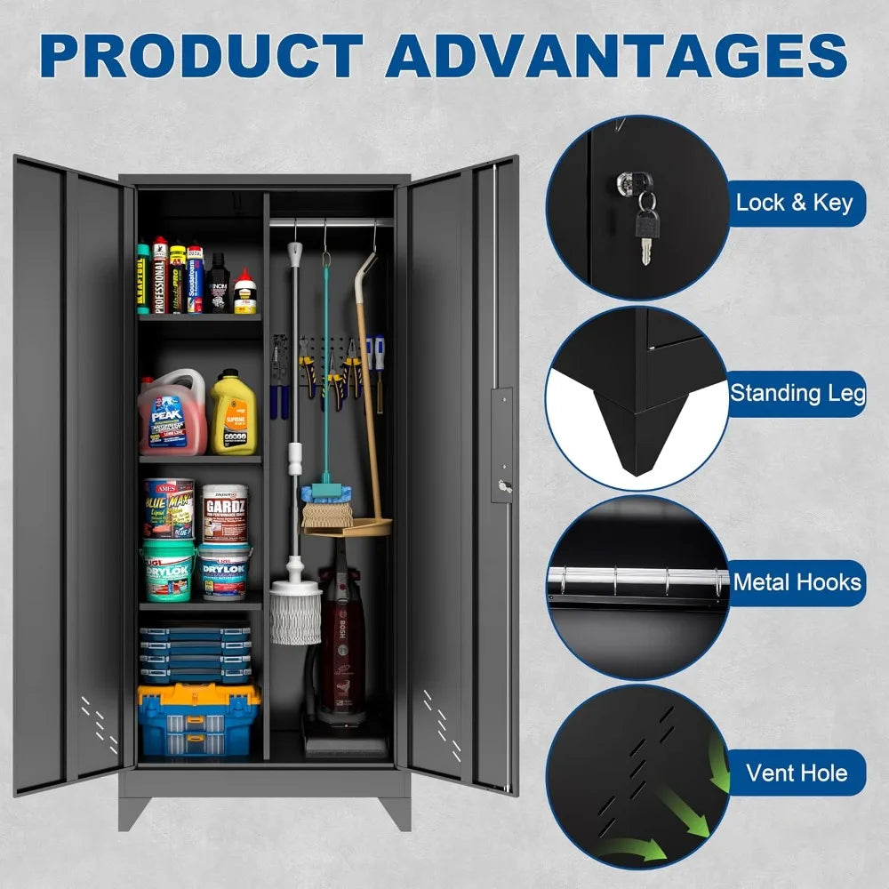 Lockable Metal Garage Storage Cabinet With Pegboard Organizer