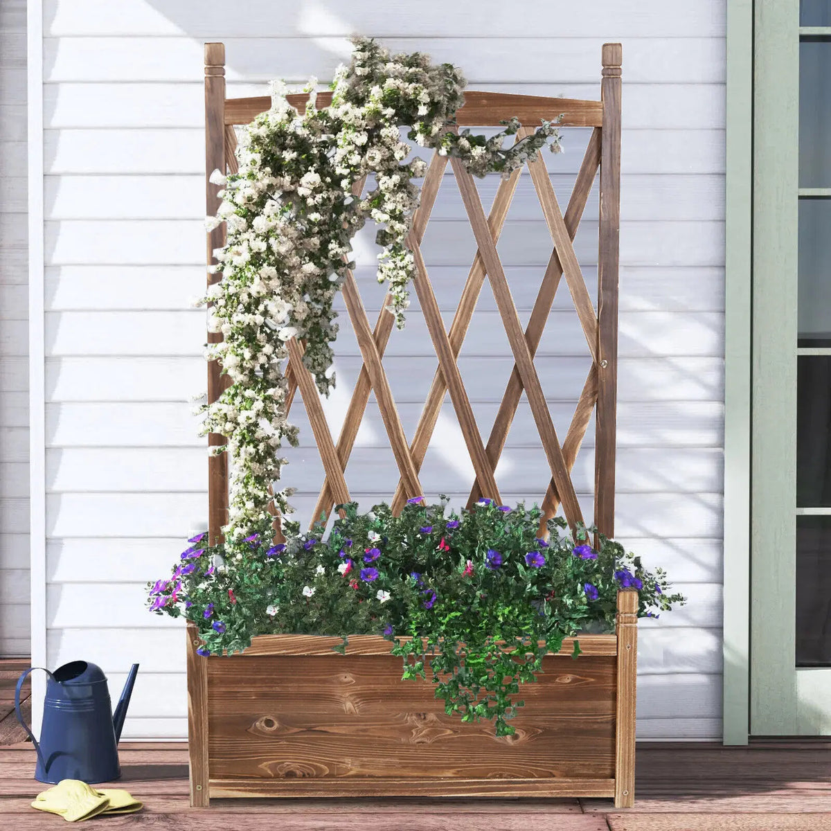 Raised Wood Planter Box With Attached Flower Trellis Stand