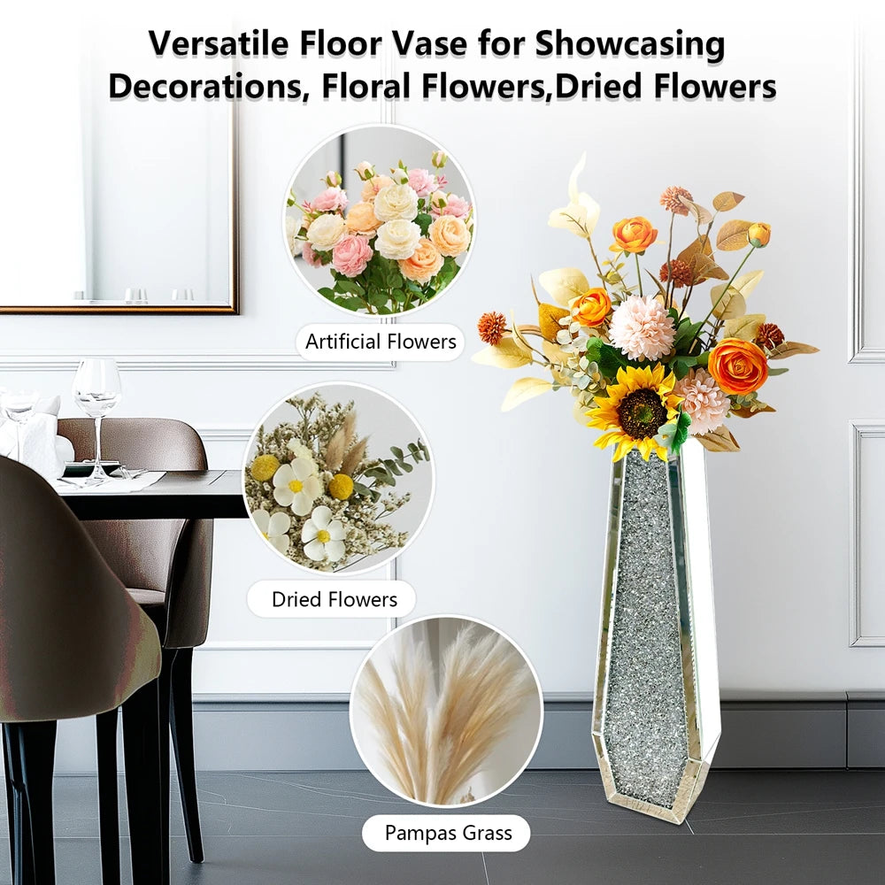 Modern Crushed Diamond Mirrored Glass Floor Flower Vase