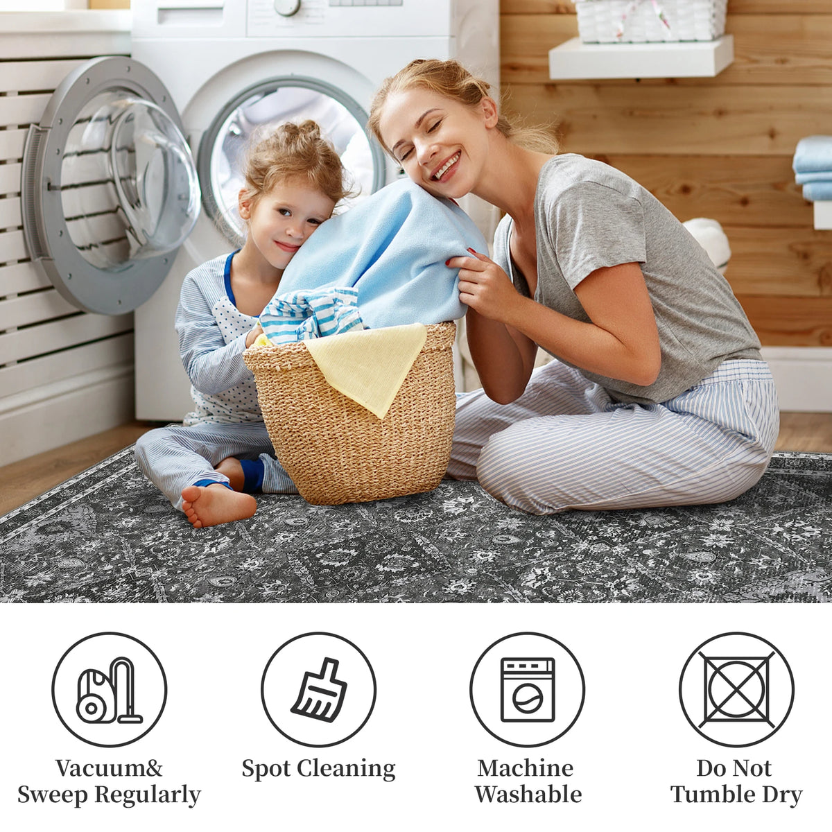 Machine Washable Non Slip Geometric Low Pile Area Rug