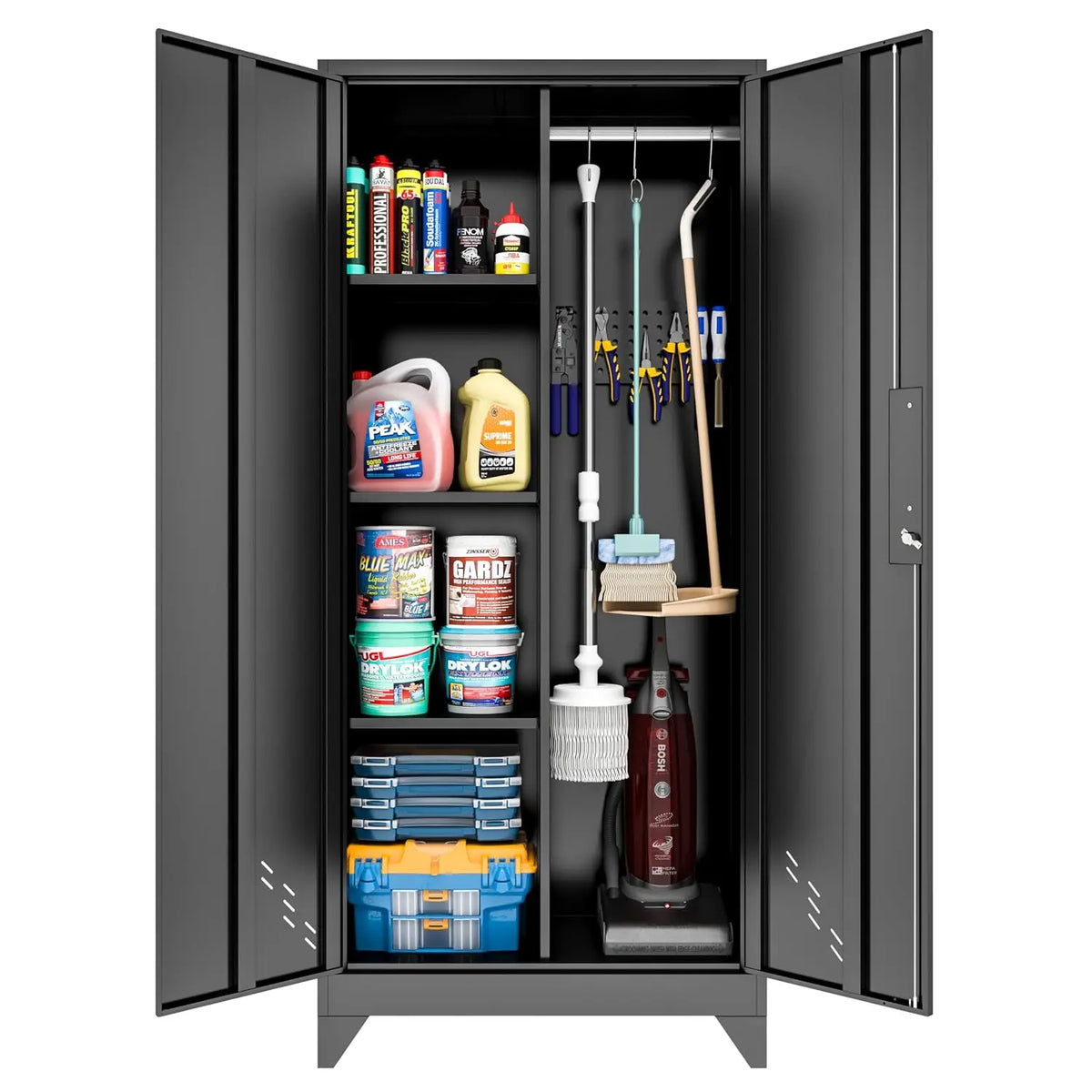 Lockable Metal Garage Storage Cabinet With Pegboard Organizer