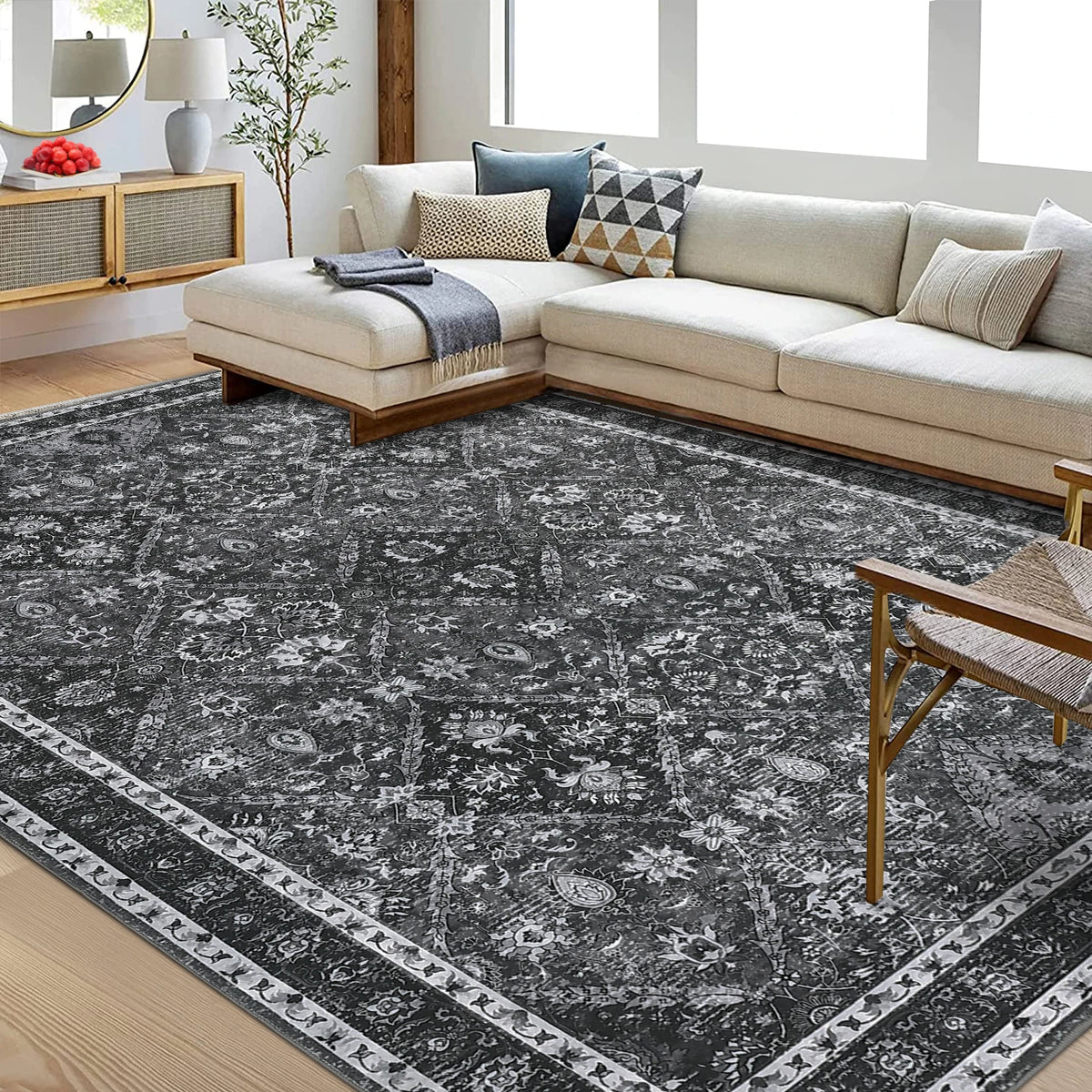 Machine Washable Non Slip Geometric Low Pile Area Rug