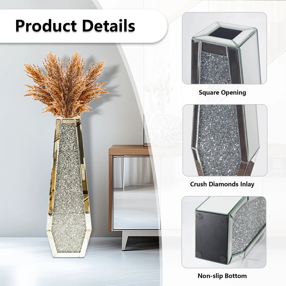 Modern Crushed Diamond Mirrored Glass Floor Flower Vase
