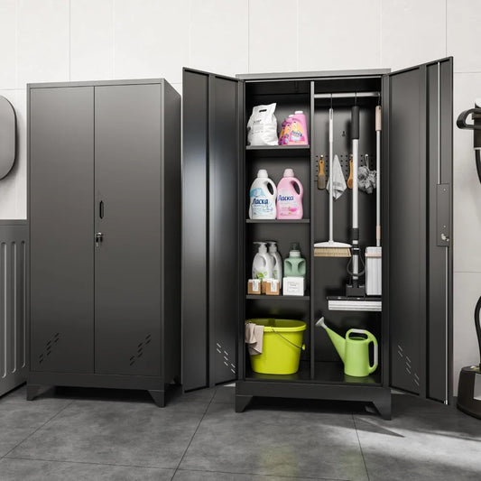 Lockable Metal Garage Storage Cabinet With Pegboard Organizer