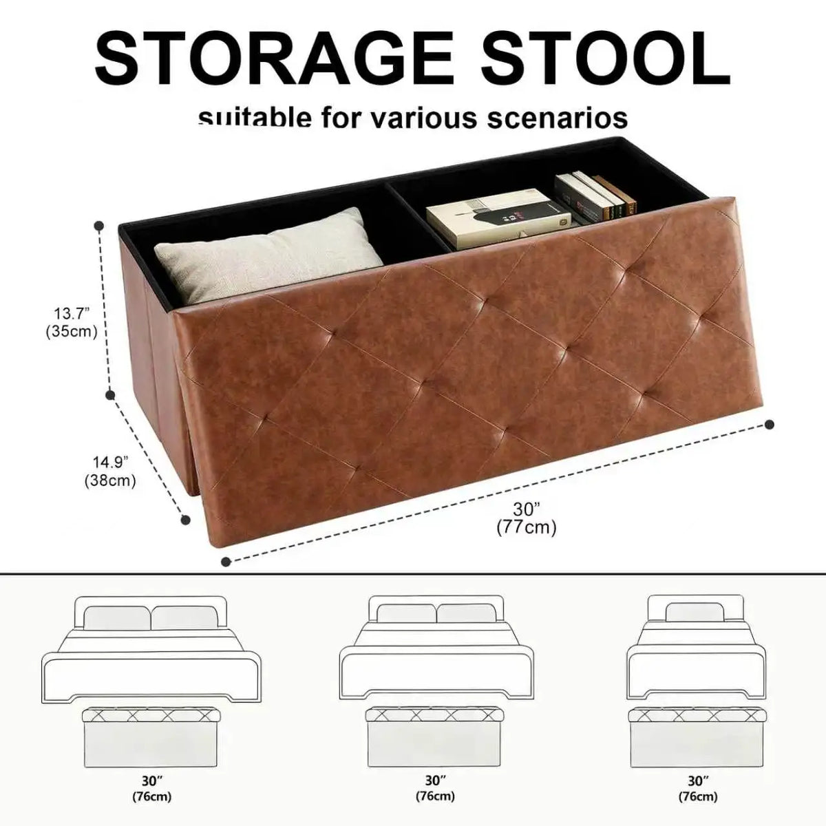 Tufted Leather Storage Bench And Folding Footrest Ottoman