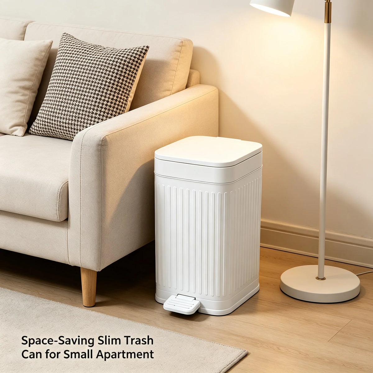 Compact Ribbed Foot Trash Can With Hands Free Lid For Homes