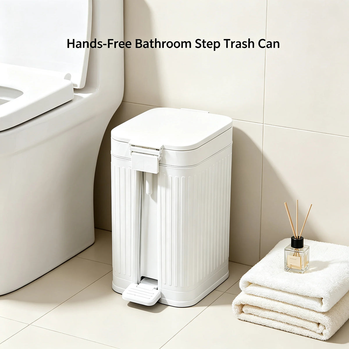 Compact Ribbed Foot Trash Can With Hands Free Lid For Homes