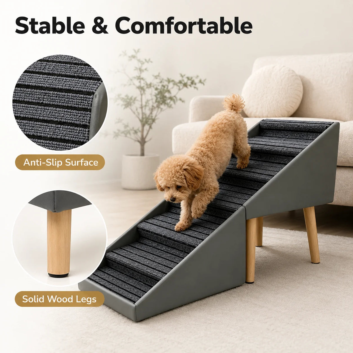 6 Step Wooden Dog Stairs Non Slip Pet Ramp For Safe Bed Access