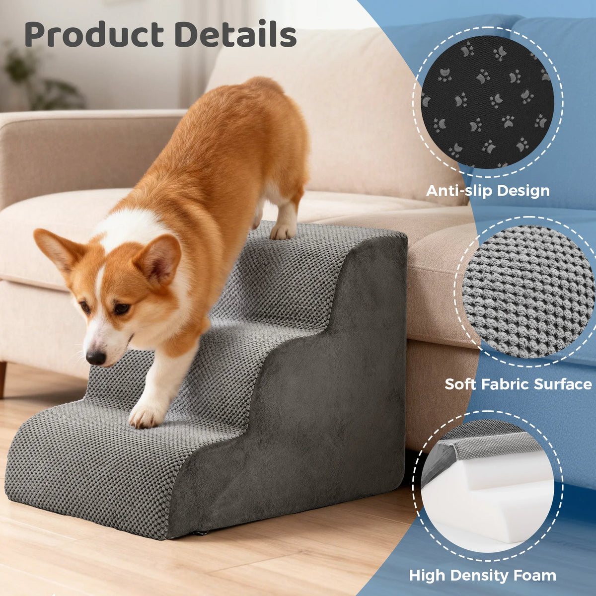 Premium Curved Dog Stairs High Density Foam Small Pet Steps