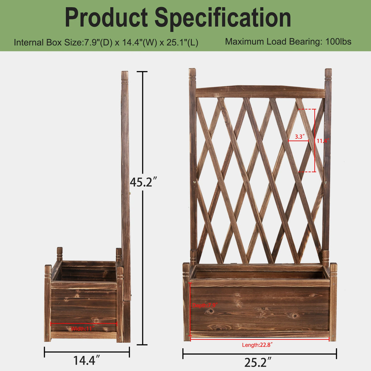 Raised Wood Planter Box With Attached Flower Trellis Stand