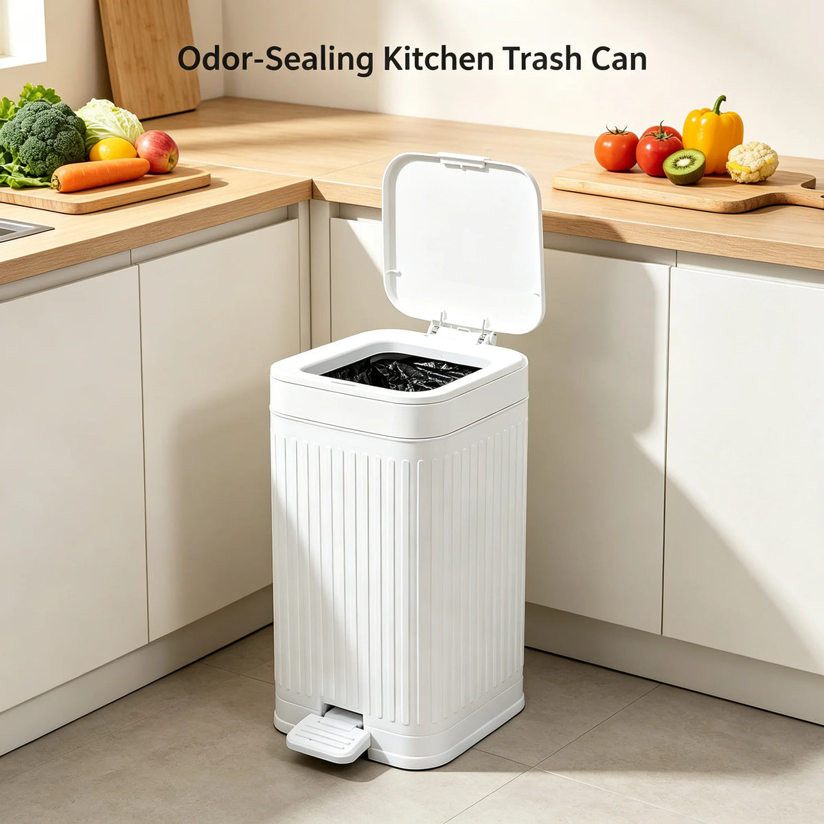 Compact Ribbed Foot Trash Can With Hands Free Lid For Homes
