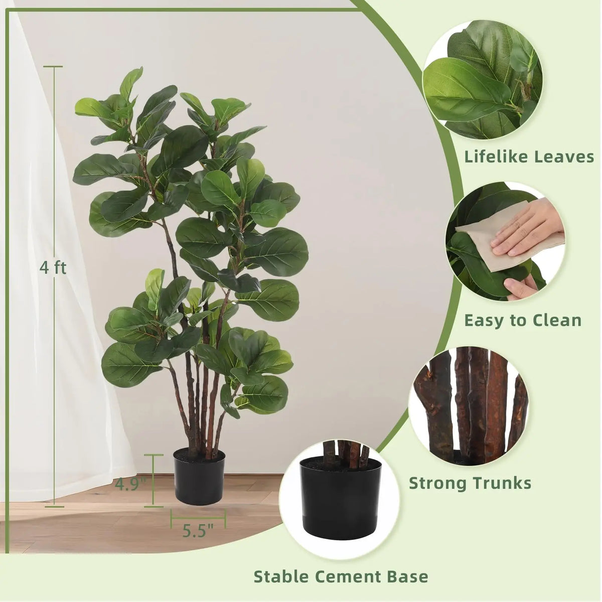 Lifelike 4ft Artificial Fiddle Leaf Fig Tree Indoors